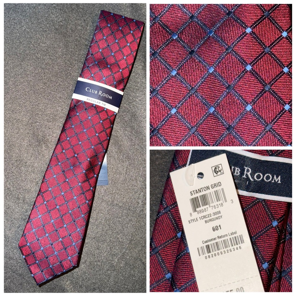 Club Room Mens Stanton Grid Regular Tie Burgundy Blue Geometric 1CRC22-3008 NEW